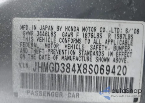 2008 Honda Fit z USA, uszkodzony, nr VIN JHMGD384X8S069420